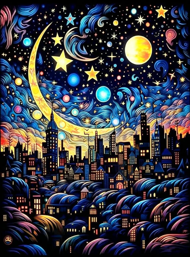 A vibrant night sky scene featuring a large crescent moon, bright stars, and a cityscape silhouette under swirling blue and y