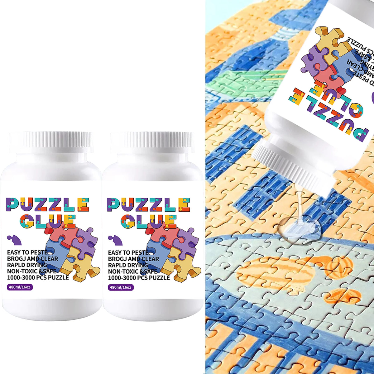 Two bottles of clear puzzle preserving glue with purple and blue labels shown next to a jigsaw puzzle background