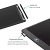 A black LCD writing tablet showing a stylus slot and a replaceable battery.