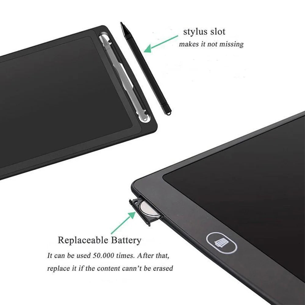A black LCD writing tablet showing a stylus slot and a replaceable battery.