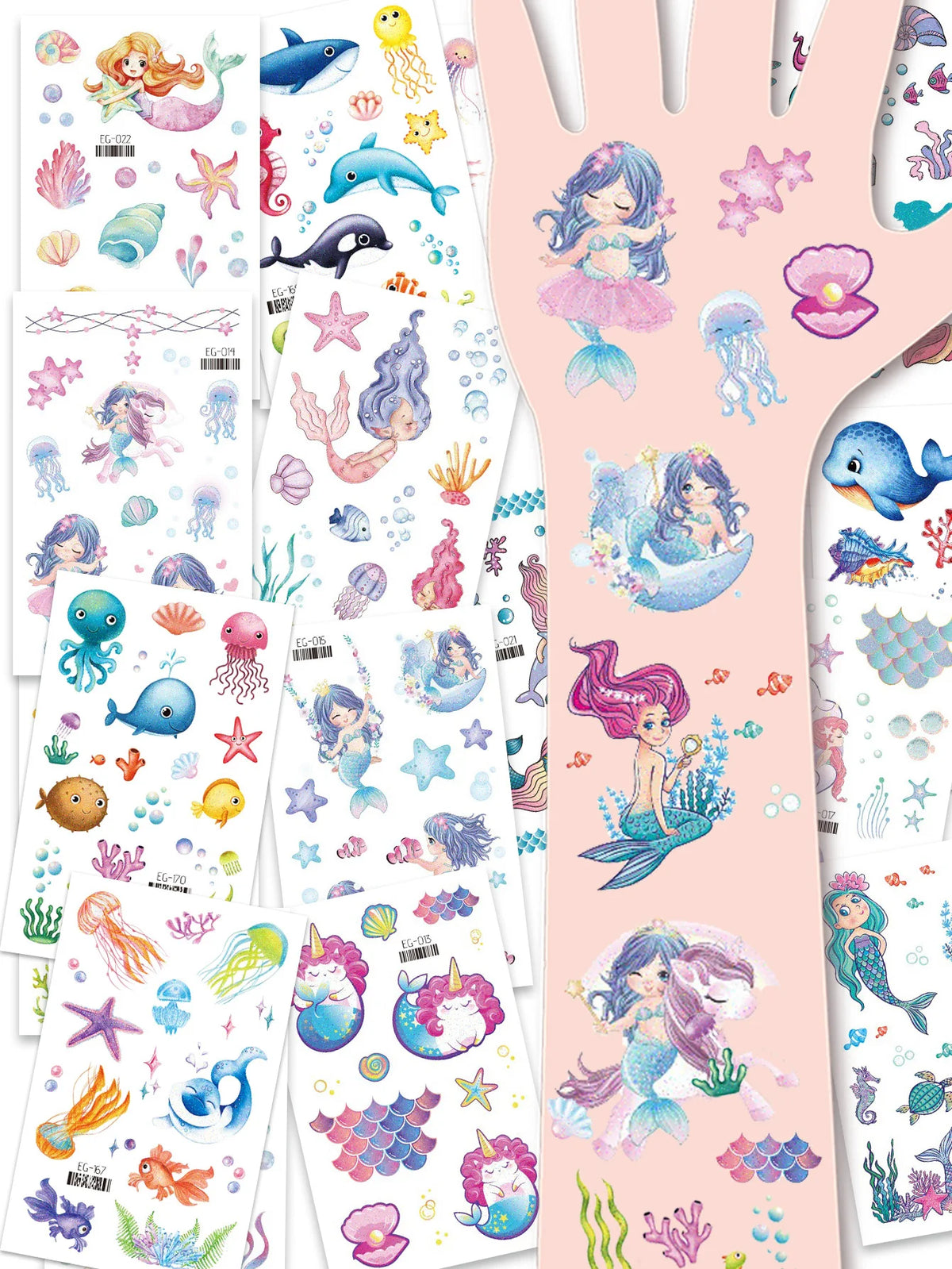 A collection of glitter mermaid temporary tattoos featuring various sea creatures and underwater scenes on pink paper sheets.