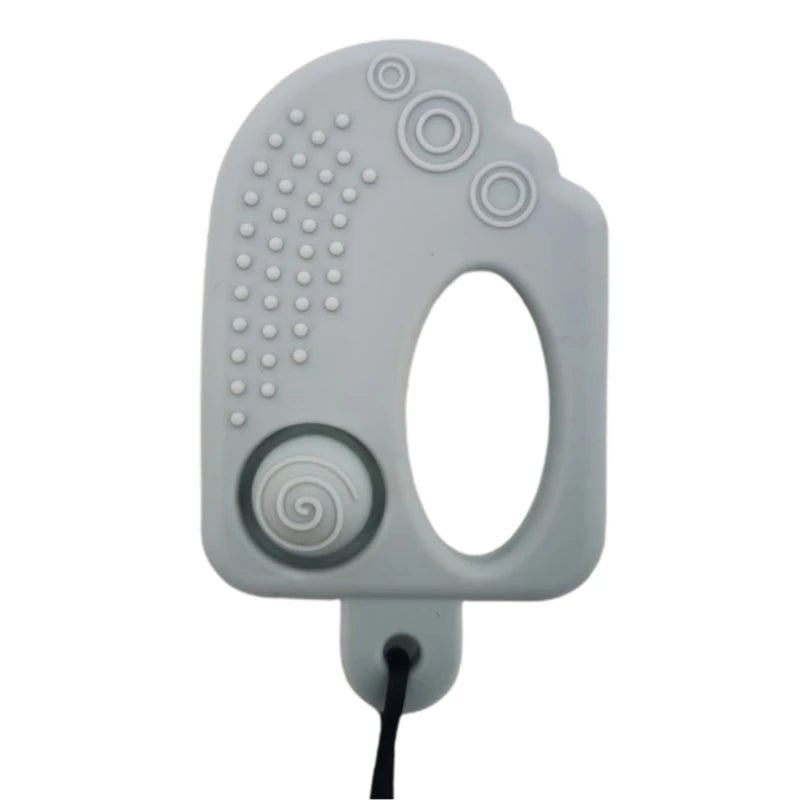 A white silicone chew necklace with textured grips and a black cord.