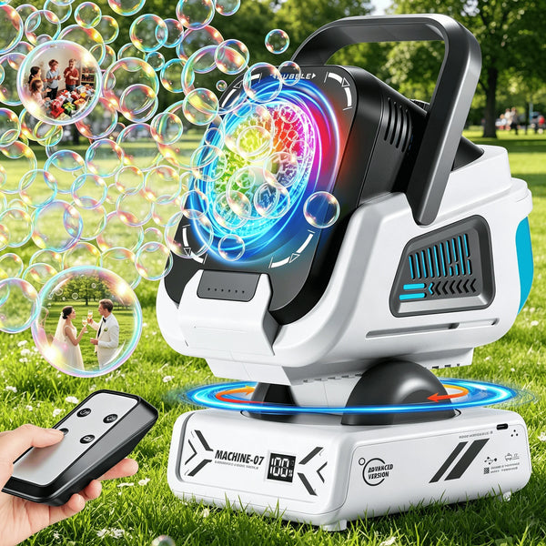 A white 360° rotating LED bubble machine is shown on a stand, with bubbles floating around it in a grassy outdoor setting.