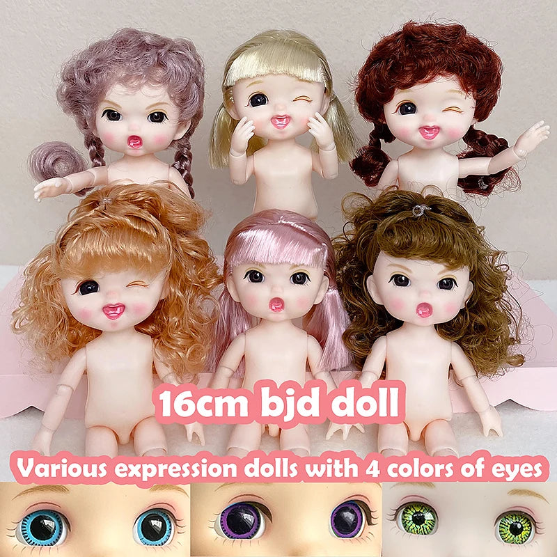 16cm Articulated Fashion Doll with Big Eyes and Dress-Up Outfit
