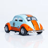 A 1:36 scale die-cast retro Beetle car painted orange and light blue with racing numbers on the hood.