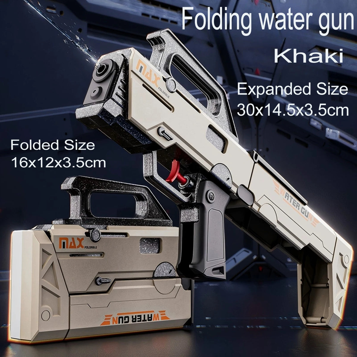 Khaki folding water gun shown in both expanded and folded sizes on a dark surface.