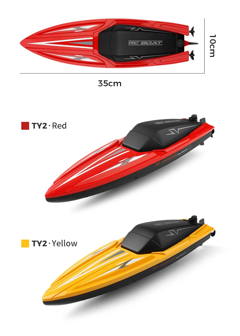 Two high-speed RC boats, one red and one yellow, are shown with dimensions and detail shots.