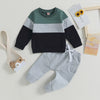 A toddler boys color block sweatshirt and pants set featuring black, dark green, and gray fabric.