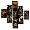 A collection of tarot cards featuring mystical mushroom imagery and various suit symbols.