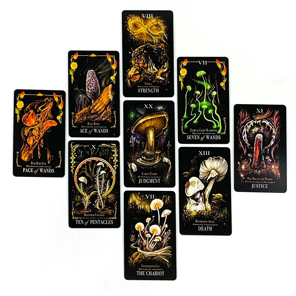 A collection of tarot cards featuring mystical mushroom imagery and various suit symbols.