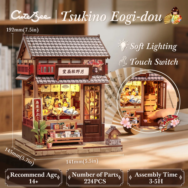 A wooden book nook building kit featuring a detailed miniature house with soft lighting and a touch switch.
