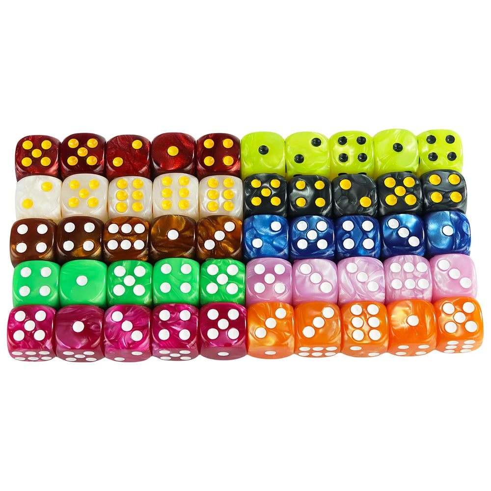 A set of ten marble effect acrylic D6 dice in various colors and patterns for tabletop gaming.