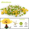 A set of building blocks featuring yellow, white, and green pieces used to construct a cherry blossom tree model.