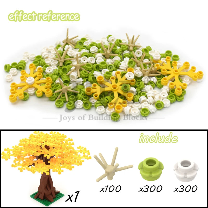 A set of building blocks featuring yellow, white, and green pieces used to construct a cherry blossom tree model.