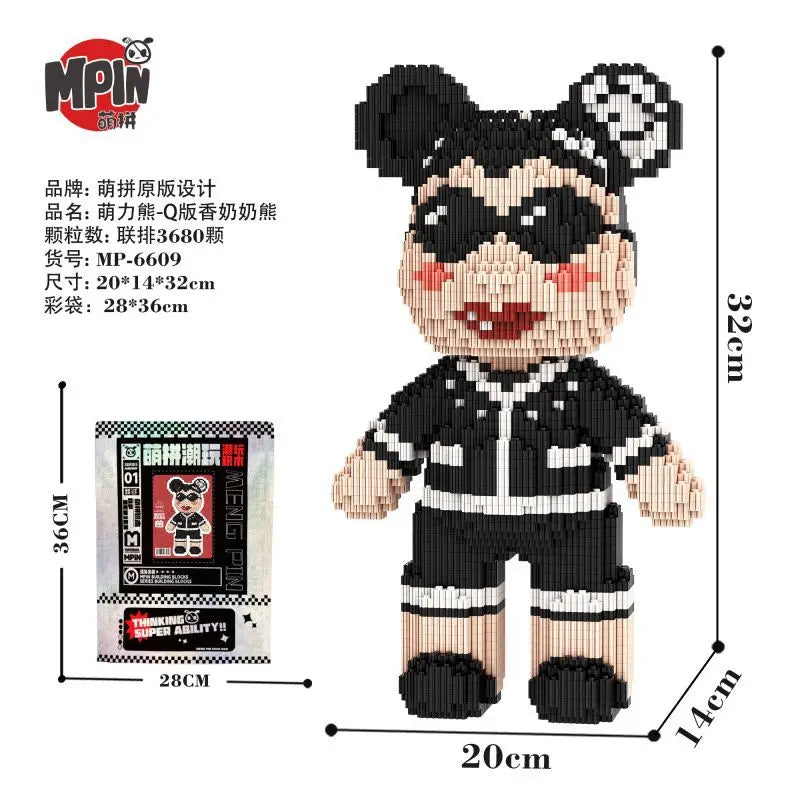 A set of black bear brick building blocks shaped like a half anatomy fluid art figure.