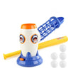 A white automatic baseball pitching machine with a blue base, a yellow bat, and several white balls.
