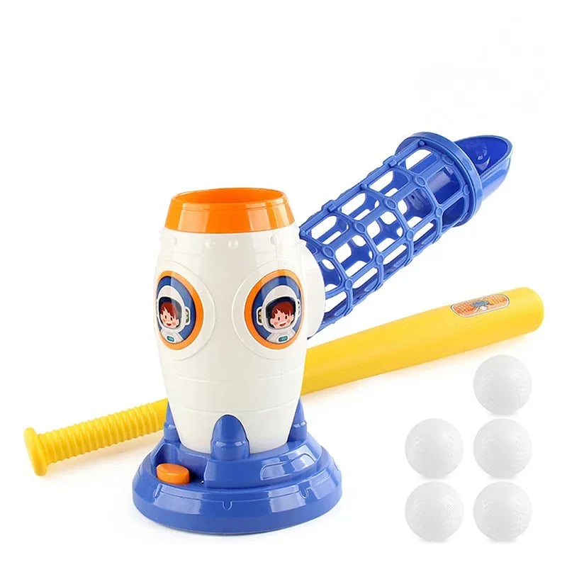 A white automatic baseball pitching machine with a blue base, a yellow bat, and several white balls.