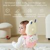 A baby is wearing a soft silicone head protection pillow designed for ventilation and comfort.