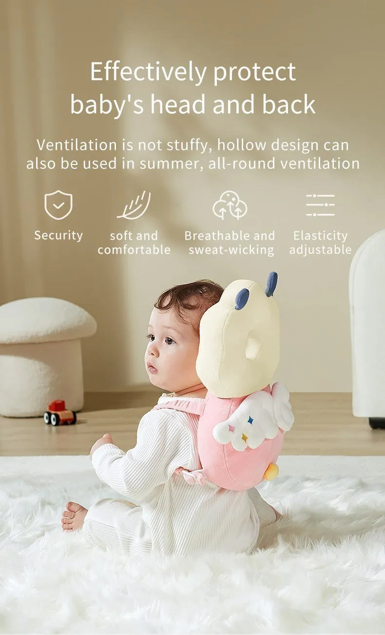 A baby is wearing a soft silicone head protection pillow designed for ventilation and comfort.