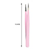 A pair of pink precision stainless steel tweezers with sharp tips shown against a white background.