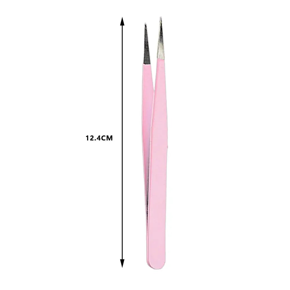 A pair of pink precision stainless steel tweezers with sharp tips shown against a white background.