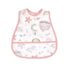 A white baby bib with a pastel pink trim featuring various watercolor-style illustrations like stars, rainbows, and moons.