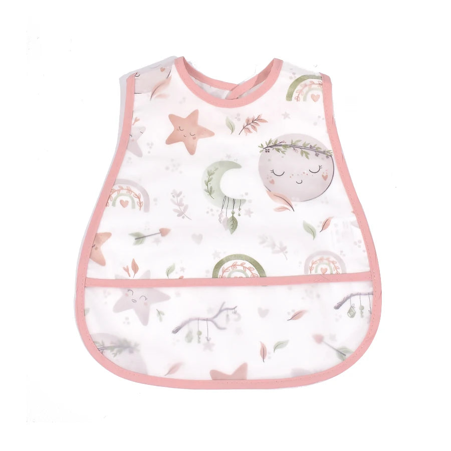 A white baby bib with a pastel pink trim featuring various watercolor-style illustrations like stars, rainbows, and moons.