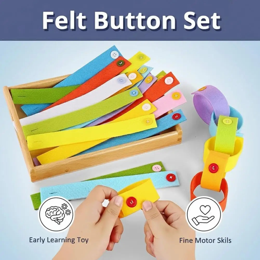 A felt button set with various colored felt strips and a yellow bracelet being held by hands for fine motor skill development