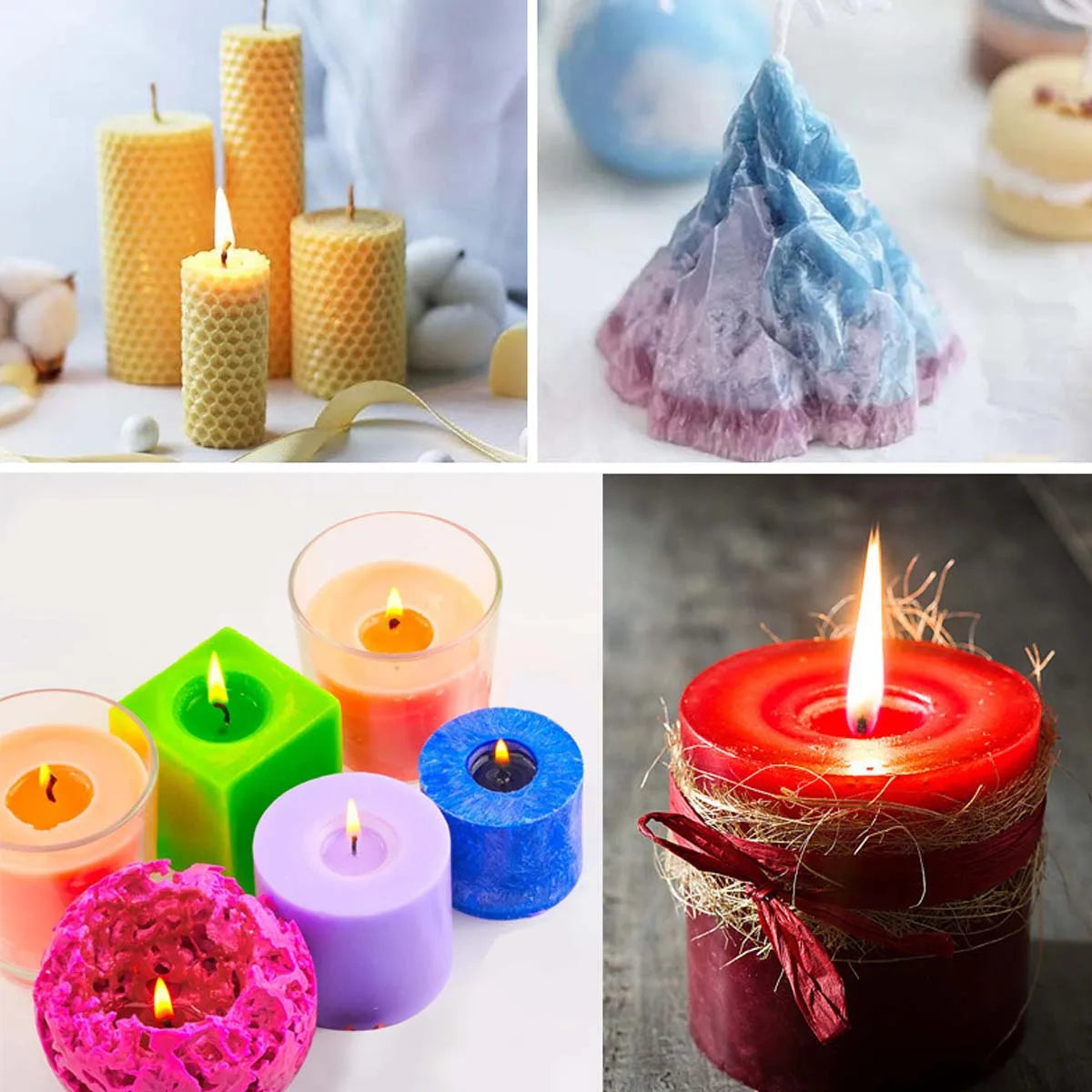 A collection of colorful liquid candle wax pigments and finished candles, including a purple mountain-shaped candle.