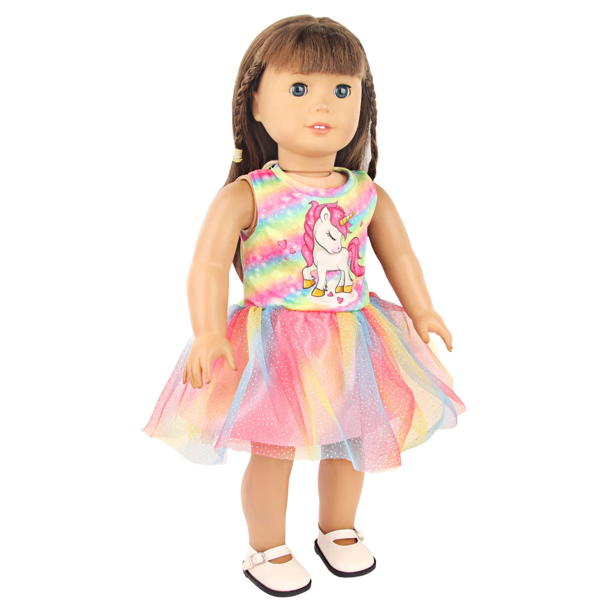 A doll wearing a pink and yellow unicorn themed outfit with a sparkly skirt and matching top.
