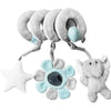 A set of spiral sensory rattles featuring elephant shapes and a star, made of soft gray and light blue fabric.