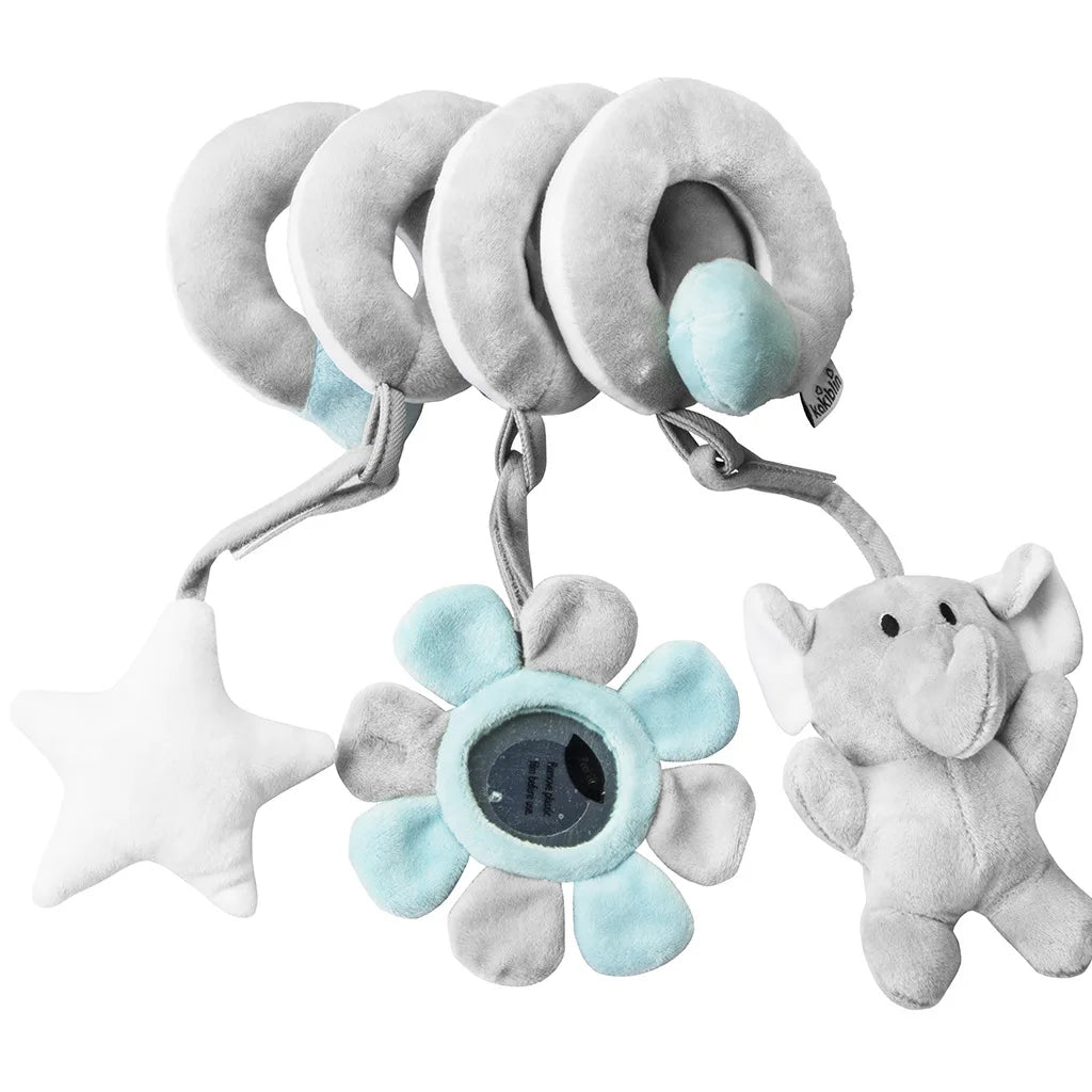 A set of spiral sensory rattles featuring elephant shapes and a star, made of soft gray and light blue fabric.