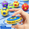 A hand is pressing a blue and yellow fidget ball into a silicone ring to turn it into a gyro for stress relief.