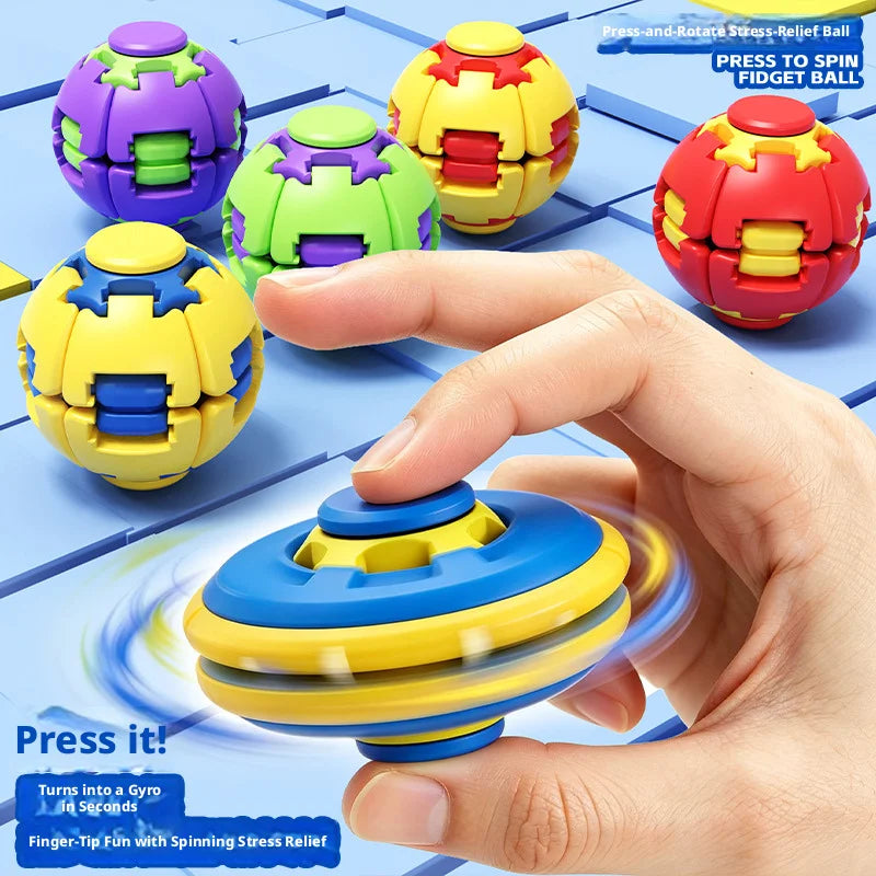 A hand is pressing a blue and yellow fidget ball into a silicone ring to turn it into a gyro for stress relief.