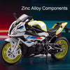 A white and black motorcycle model made of zinc alloy components with yellow accents.
