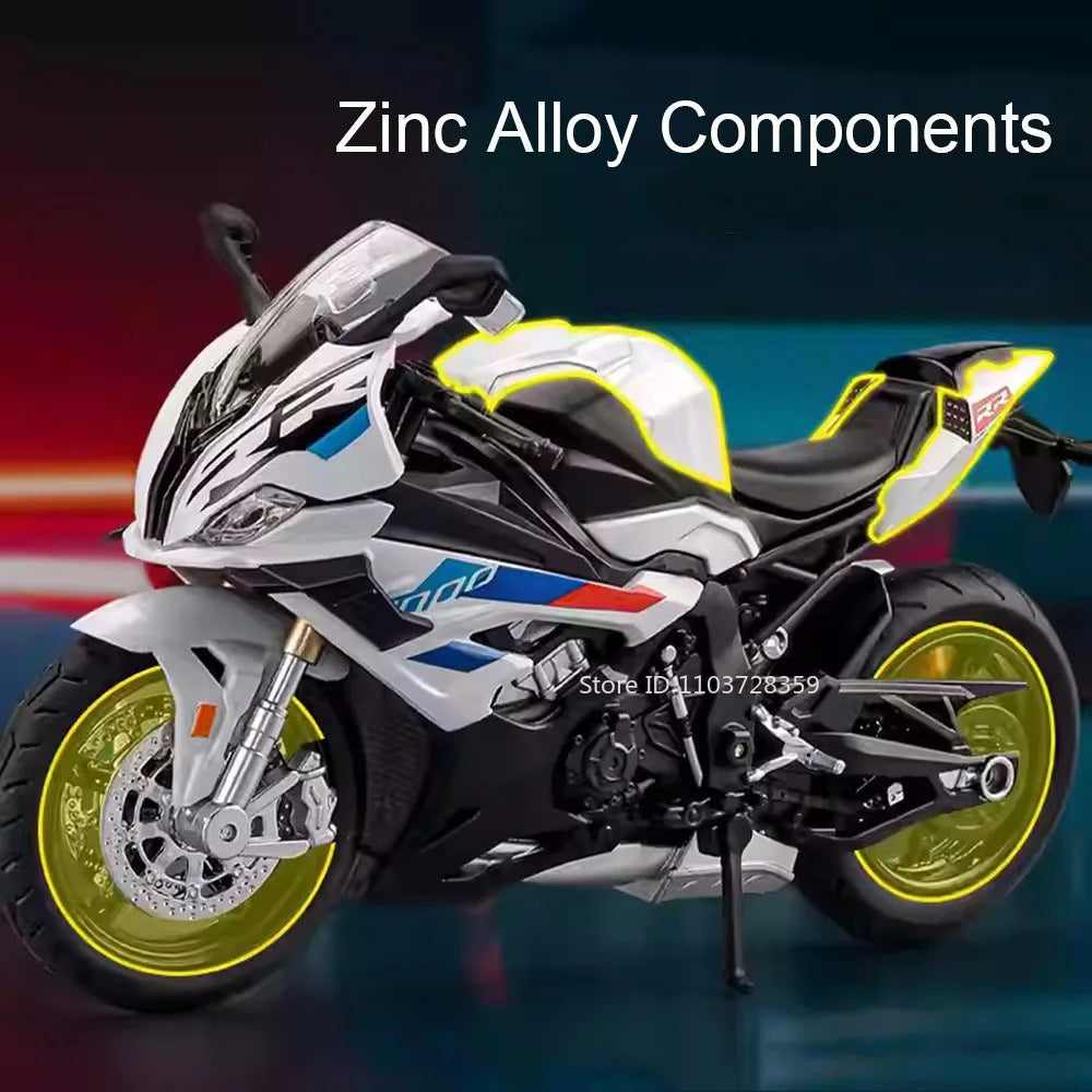 A white and black motorcycle model made of zinc alloy components with yellow accents.