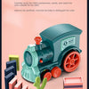 A wooden train toy is surrounded by colorful blocks and wooden pieces for a children's color aesthetics activity.