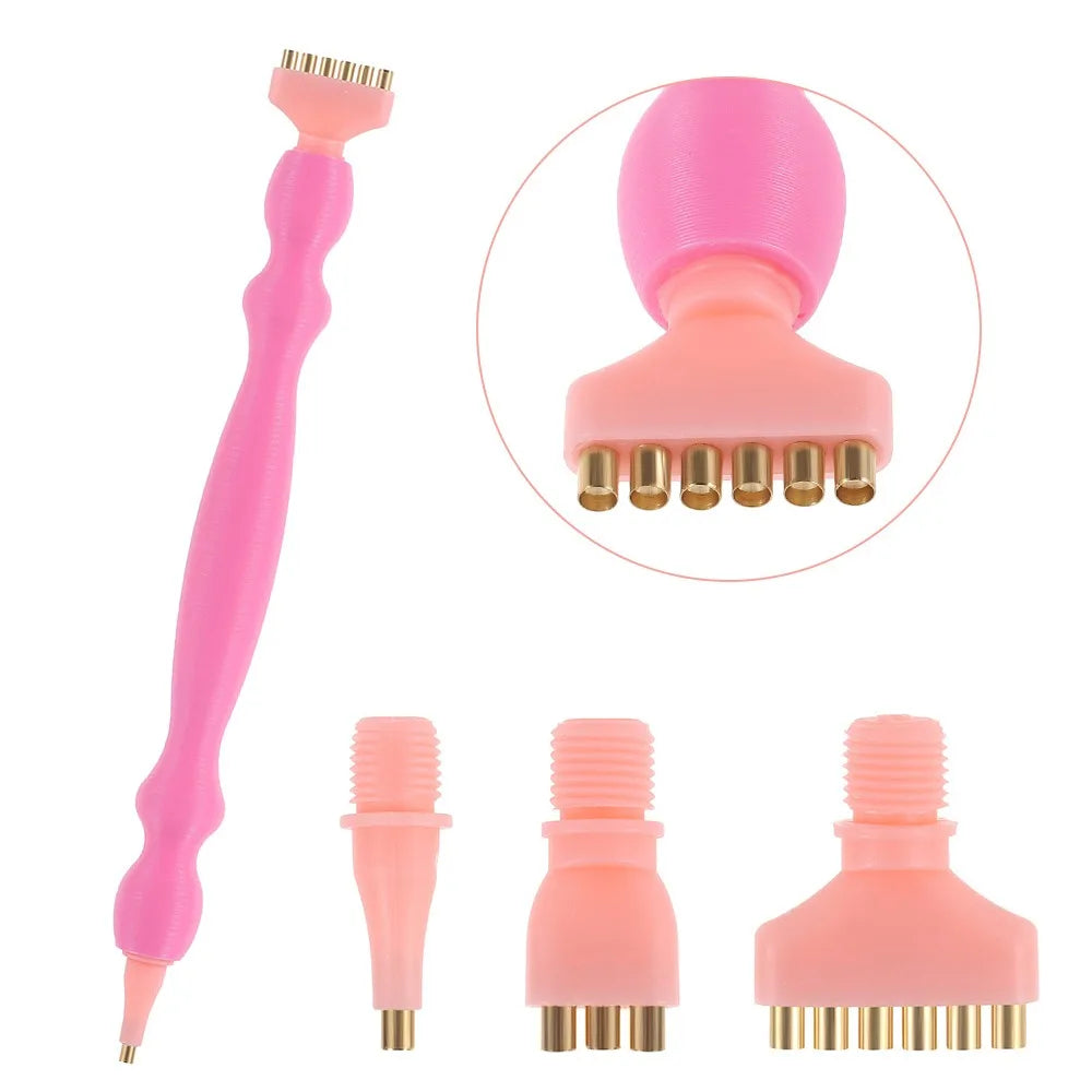 A pink precision diamond painting pen with replacement tips shown in various forms and a magnified view of the tip.