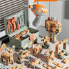 A collection of wooden toy tools and drills for kids, including various assembly playsets and building blocks.