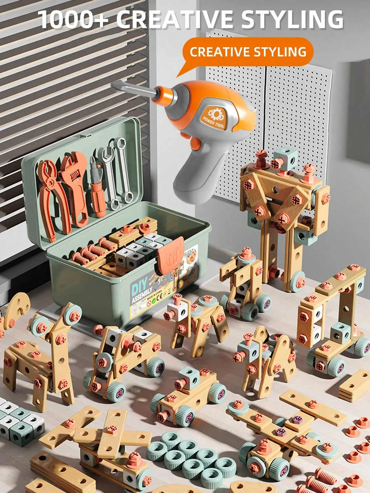 A collection of wooden toy tools and drills for kids, including various assembly playsets and building blocks.