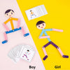 A set of wooden stick puzzles for children, showing a boy and a girl assembling figures.