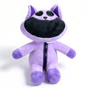 A purple and black plush doll of a cat with large ears and a dark muzzle.