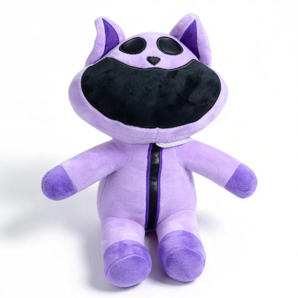 A purple and black plush doll of a cat with large ears and a dark muzzle.