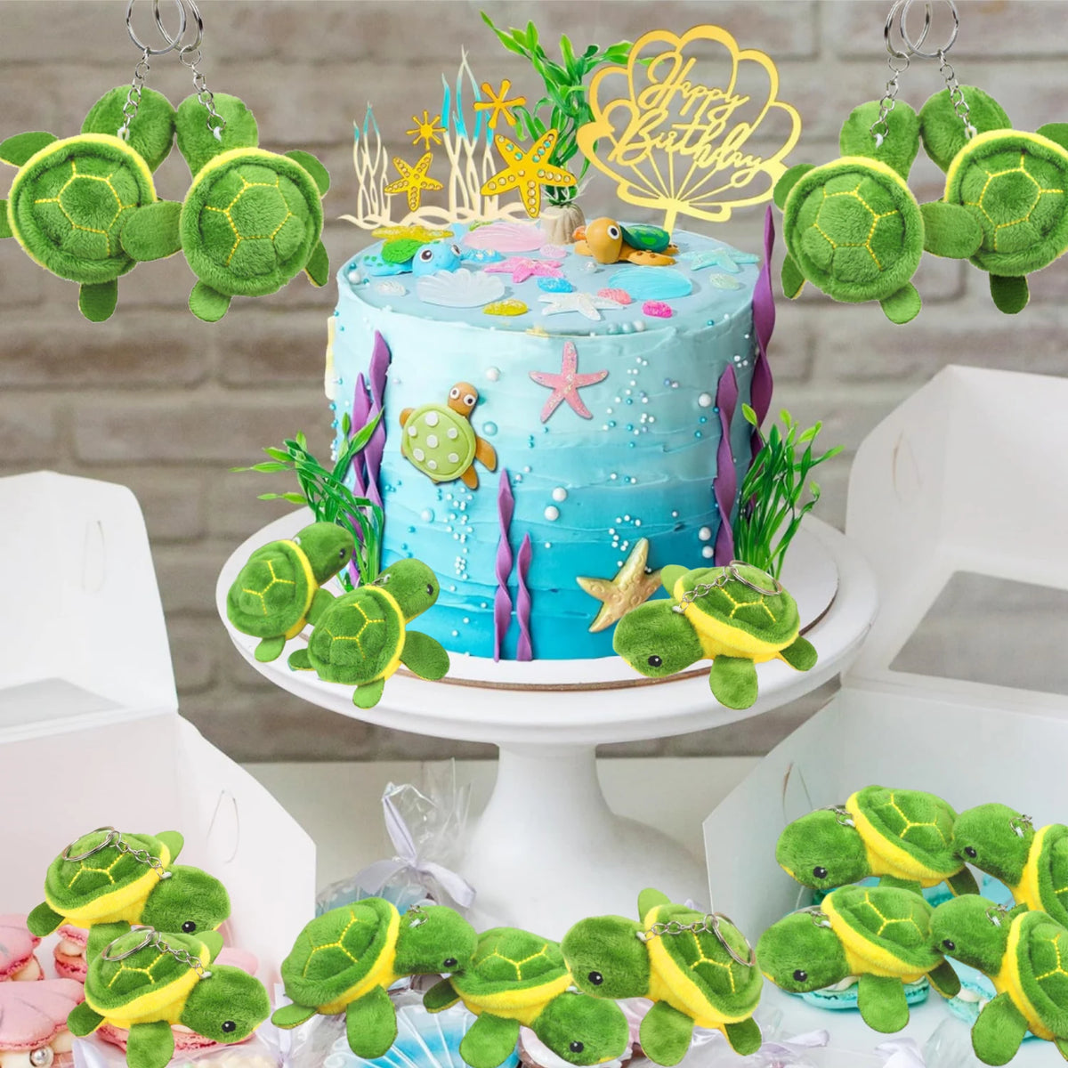 A set of twelve adorable mini sea turtle plush toys in various shades of green and yellow decorating a cake.