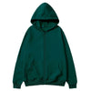 A dark teal oversized zip-up hoodie with a hood and front pocket.