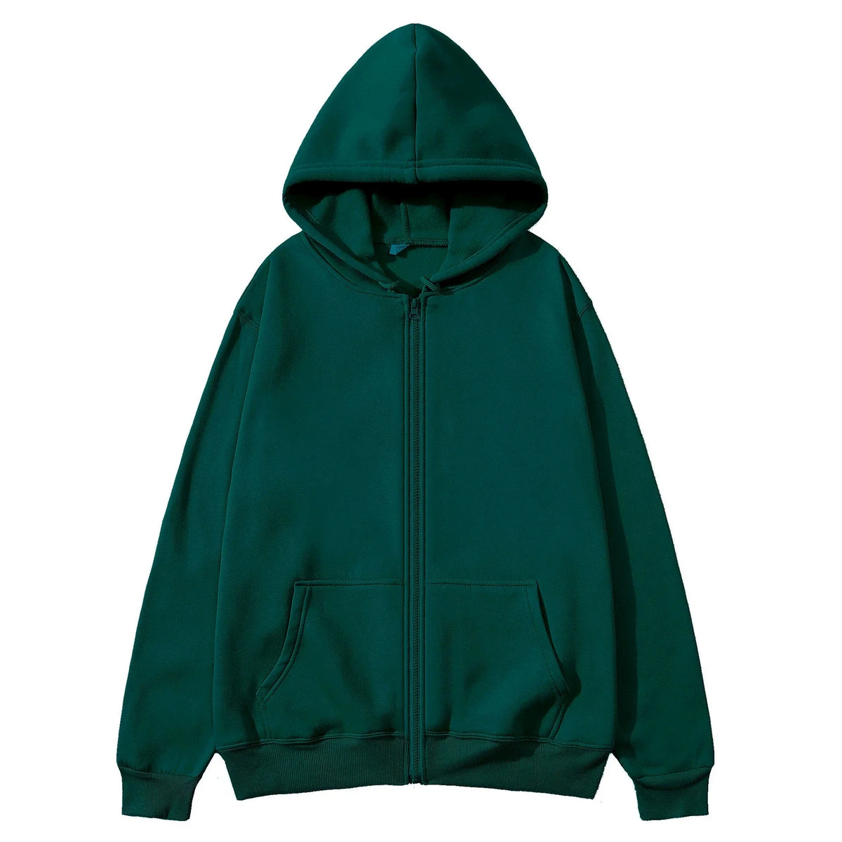 A dark teal oversized zip-up hoodie with a hood and front pocket.