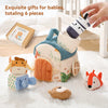 Six exquisite fabric sensory toys for babies including a wooden animal, an orange fox, and a stuffed animal.