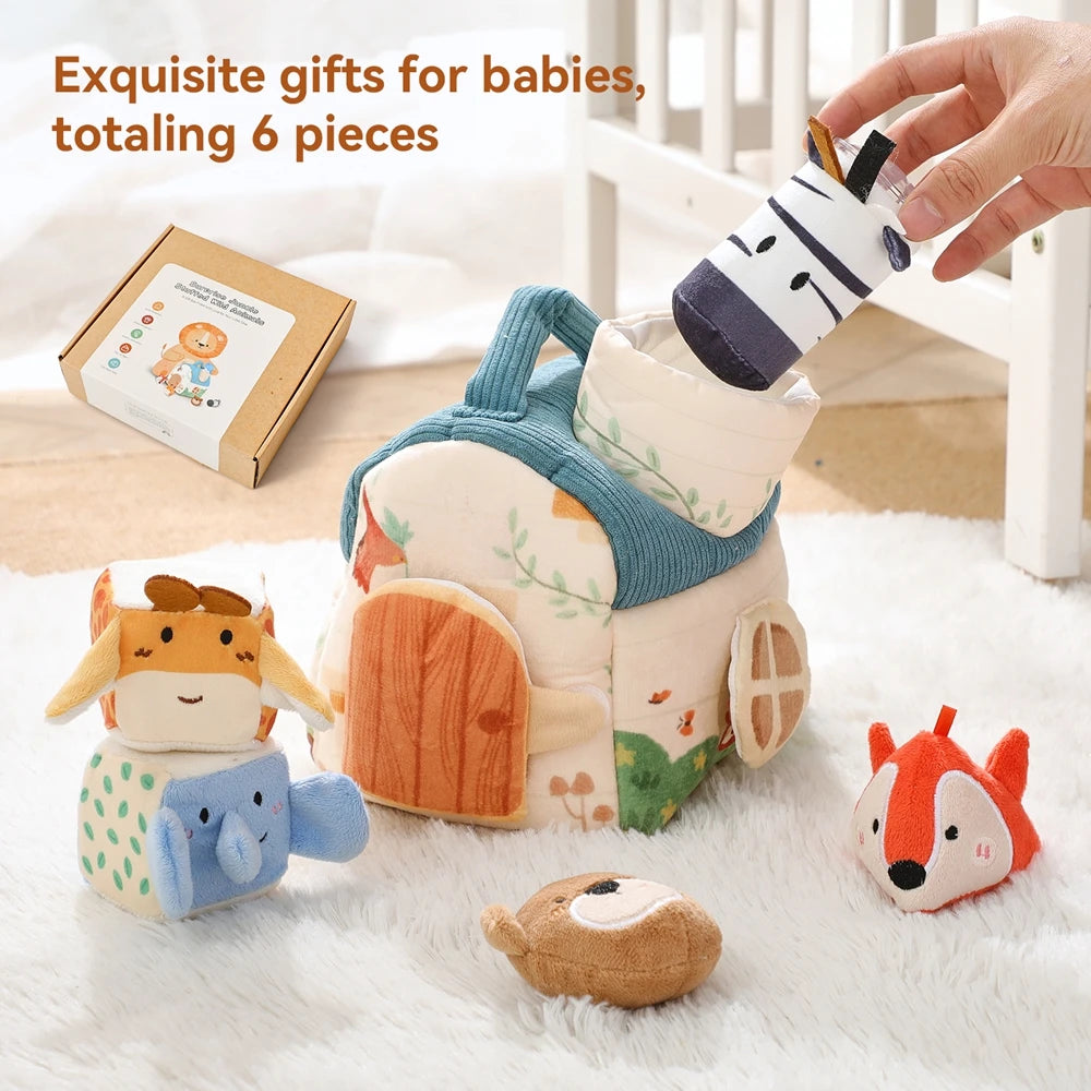 Six exquisite fabric sensory toys for babies including a wooden animal, an orange fox, and a stuffed animal.