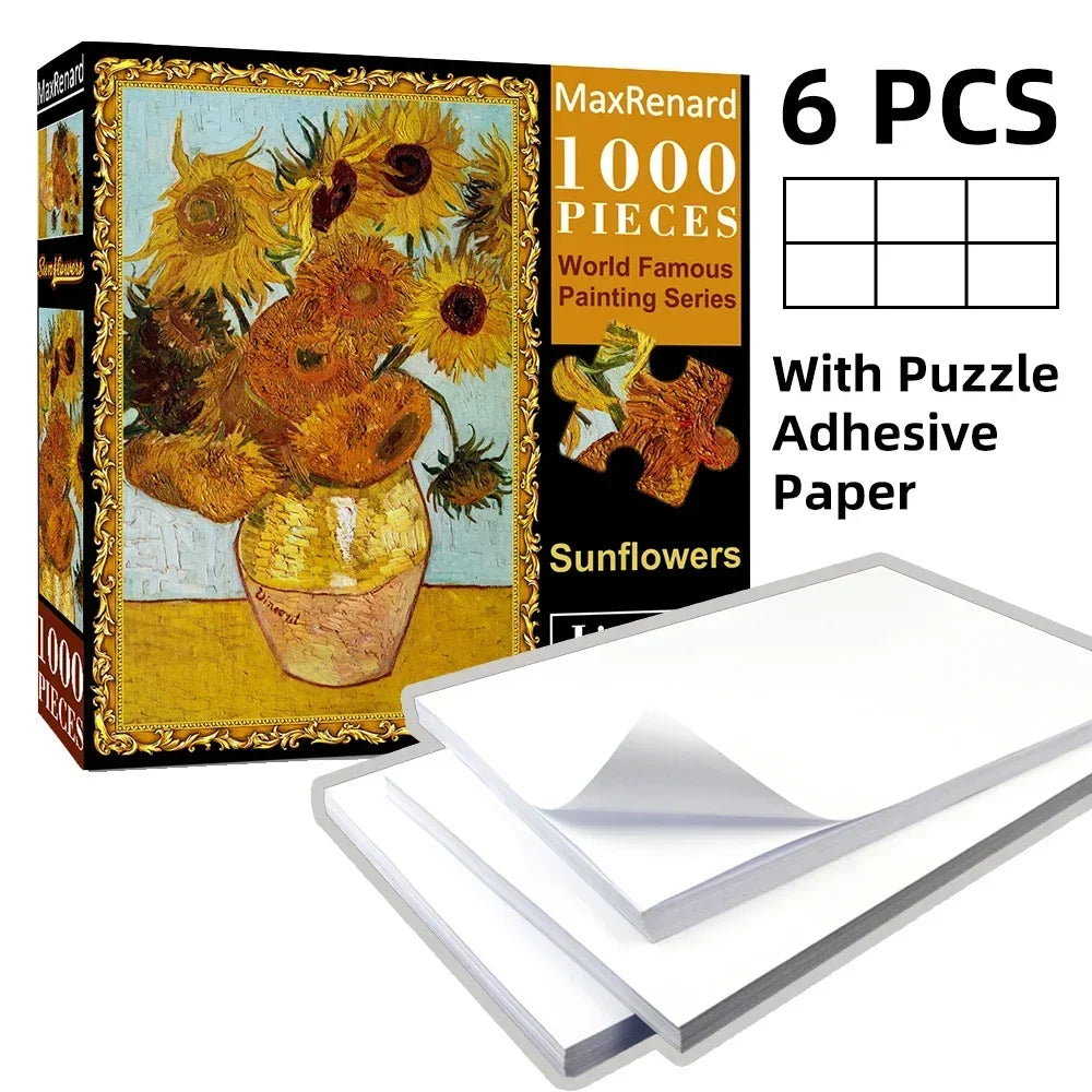 A box of a 1000-piece sunflower jigsaw puzzle with adhesive paper and six pieces.