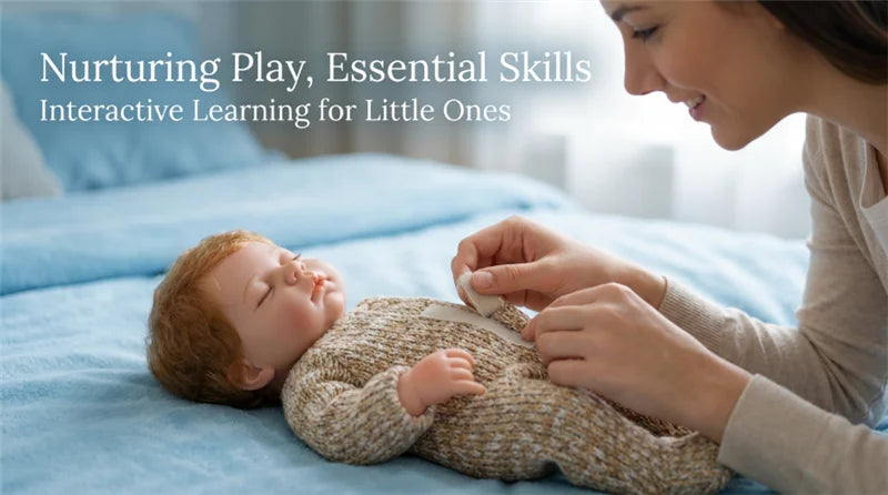 A woman gently interacts with a sleeping baby doll wearing a cozy winter romper outfit.